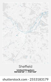 Mapa de pôster vetorial editável de Sheffield, Reino Unido, mostrando detalhados layouts de rua, principais estradas, bairros e pontos de referência em cores cinzentas, brancas e azuis.