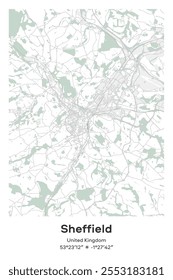 Editable vector poster map of Sheffield, United Kingdom, showcasing detailed street layouts, main roads, neighborhoods, and landmarks in Pastel, Gray, White, Green colors.