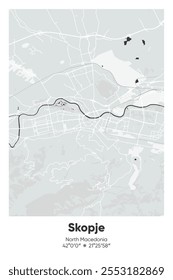 Editable vector poster map of Skopje, North Macedonia, showcasing detailed street layouts, main roads, neighborhoods, and landmarks in Gray, Black, White, BW colors.