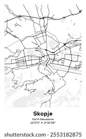 Mapa editável de pôster vetorial de Skopje, na Macedônia do Norte, mostrando detalhados layouts de rua, principais estradas, bairros e pontos de referência em preto, branco, cinza, BW cores.