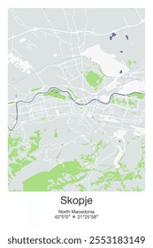 Editable vector poster map of Skopje, North Macedonia, showcasing detailed street layouts, main roads, neighborhoods, and landmarks in Gray, Blue, Green, White colors.