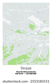 Editable vector poster map of Skopje, North Macedonia, showcasing detailed street layouts, main roads, neighborhoods, and landmarks in Gray, white, green, blue colors.