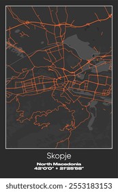 Editable vector poster map of Skopje, North Macedonia, showcasing detailed street layouts, main roads, neighborhoods, and landmarks in Gray, Black, Orange colors.