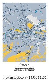 Editable vector poster map of Skopje, North Macedonia, showcasing detailed street layouts, main roads, neighborhoods, and landmarks in Blue, Gray, Yellow, Olive colors.