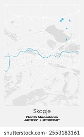 Mapa editável de pôster vetorial de Skopje, na Macedônia do Norte, mostrando detalhados layouts de rua, principais estradas, bairros e pontos de referência em cores cinzentas, brancas e azuis.