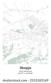 Editable vector poster map of Skopje, North Macedonia, showcasing detailed street layouts, main roads, neighborhoods, and landmarks in Pastel, Gray, White, Green colors.