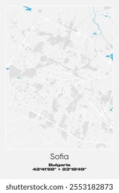 Mapa de cartaz vetorial editável de Sófia, Bulgária, mostrando detalhados layouts de rua, principais estradas, bairros e pontos de referência em cores cinza, branco, azul.