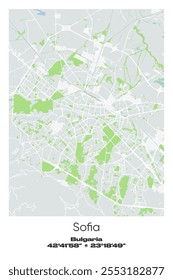 Mapa de cartaz vetorial editável de Sófia, Bulgária, mostrando detalhados layouts de rua, principais estradas, bairros e pontos de referência em cores cinzentas, brancas, verdes, azuis.