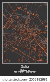 Editable vector poster map of Sofia, Bulgaria, showcasing detailed street layouts, main roads, neighborhoods, and landmarks in Gray, Black, Orange colors.