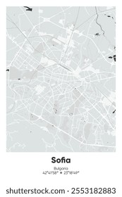 Editable vector poster map of Sofia, Bulgaria, showcasing detailed street layouts, main roads, neighborhoods, and landmarks in Gray, Black, White, BW colors.