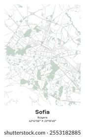 Editable vector poster map of Sofia, Bulgaria, showcasing detailed street layouts, main roads, neighborhoods, and landmarks in Pastel, Gray, White, Green colors.