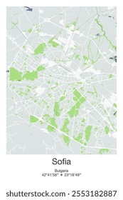 Editable vector poster map of Sofia, Bulgaria, showcasing detailed street layouts, main roads, neighborhoods, and landmarks in Gray, Blue, Green, White colors.