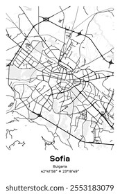 Editable vector poster map of Sofia, Bulgaria, showcasing detailed street layouts, main roads, neighborhoods, and landmarks in Black, white, gray, BW colors.