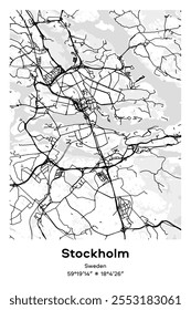 Editable vector poster map of Stockholm, Sweden, showcasing detailed street layouts, main roads, neighborhoods, and landmarks in Black, white, gray, BW colors.