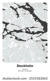 Editable vector poster map of Stockholm, Sweden, showcasing detailed street layouts, main roads, neighborhoods, and landmarks in Gray, Black, White, BW colors.