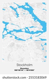 Editable vector poster map of Stockholm, Sweden, showcasing detailed street layouts, main roads, neighborhoods, and landmarks in Gray, white, blue colors.