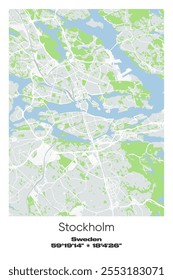 Editable vector poster map of Stockholm, Sweden, showcasing detailed street layouts, main roads, neighborhoods, and landmarks in Gray, white, green, blue colors.