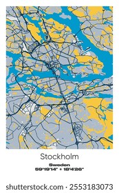 Editable vector poster map of Stockholm, Sweden, showcasing detailed street layouts, main roads, neighborhoods, and landmarks in Blue, Gray, Yellow, Olive colors.