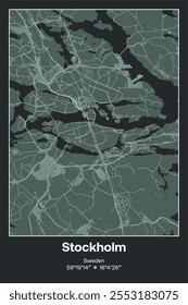 Editable vector poster map of Stockholm, Sweden, showcasing detailed street layouts, main roads, neighborhoods, and landmarks in Dark gray, Gray, Green, gray-green colors.