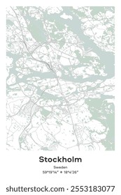 Editable vector poster map of Stockholm, Sweden, showcasing detailed street layouts, main roads, neighborhoods, and landmarks in Pastel, Gray, White, Green colors.