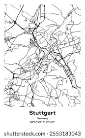 Editable vector poster map of Stuttgart, Germany, showcasing detailed street layouts, main roads, neighborhoods, and landmarks in Black, white, gray, BW colors.