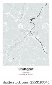 Mapa de pôster vetorial editável de Estugarda, Alemanha, exibindo detalhados layouts de rua, principais estradas, bairros e pontos de referência em cores cinzentas, pretas, brancas e brancas.