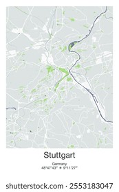 Mapa de pôster vetorial editável de Estugarda, Alemanha, mostrando detalhados layouts de rua, principais estradas, bairros e pontos de referência em cinza, azul, verde, branco cores.