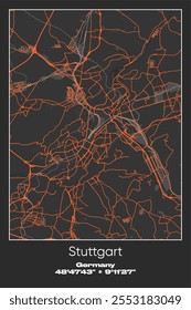 Mapa de pôster vetorial editável de Estugarda, Alemanha, mostrando detalhados layouts de rua, principais estradas, bairros e pontos de referência em cores cinza, preto, laranja.