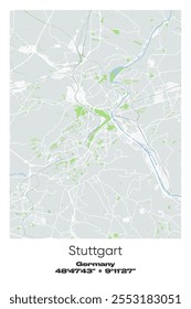 Mapa de pôster vetorial editável de Estugarda, Alemanha, mostrando detalhados layouts de rua, principais estradas, bairros e pontos de referência em cores cinzentas, brancas, verdes, azuis.