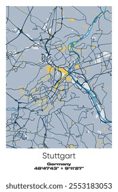 Editable vector poster map of Stuttgart, Germany, showcasing detailed street layouts, main roads, neighborhoods, and landmarks in Blue, Gray, Yellow, Olive colors.