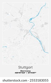 Mapa de pôster vetorial editável de Estugarda, Alemanha, exibindo detalhadamente layouts de ruas, principais estradas, bairros e pontos de referência em cores cinzentas, brancas e azuis.