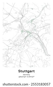 Mapa de pôster vetorial editável de Estugarda, Alemanha, mostrando detalhados layouts de rua, principais estradas, bairros e pontos de referência em Pastel, cinza, branco, cores verdes.