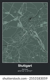 Editable vector poster map of Stuttgart, Germany, showcasing detailed street layouts, main roads, neighborhoods, and landmarks in Dark gray, Gray, Green, gray-green colors.