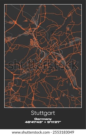 Editable vector poster map of Stuttgart, Germany, showcasing detailed street layouts, main roads, neighborhoods, and landmarks in Gray, Black, Orange colors.