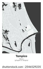 Editable vector poster map of Tampico, Mexico, showcasing detailed street layouts, main roads, neighborhoods, and landmarks in Gray, Black, White, BW colors.