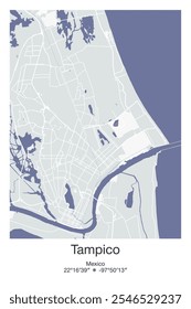 Editable vector poster map of Tampico, Mexico, showcasing detailed street layouts, main roads, neighborhoods, and landmarks in Gray, Blue, Green, White colors.