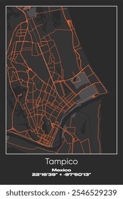 Editable vector poster map of Tampico, Mexico, showcasing detailed street layouts, main roads, neighborhoods, and landmarks in Gray, Black, Orange colors.