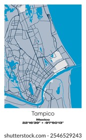 Editable vector poster map of Tampico, Mexico, showcasing detailed street layouts, main roads, neighborhoods, and landmarks in Blue, Gray, Yellow, Olive colors.