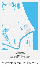 Editable vector poster map of Tampico, Mexico, showcasing detailed street layouts, main roads, neighborhoods, and landmarks in Gray, white, blue colors.