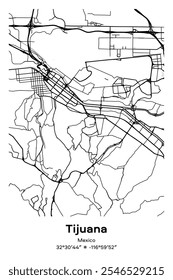 Editable vector poster map of Tijuana, Mexico, showcasing detailed street layouts, main roads, neighborhoods, and landmarks in Black, white, gray, BW colors.
