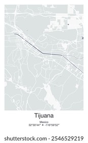 Editable vector poster map of Tijuana, Mexico, showcasing detailed street layouts, main roads, neighborhoods, and landmarks in Gray, Blue, Green, White colors.