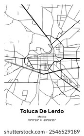 Mapa de pôster vetorial editável de Toluca De Lerdo, México, mostrando detalhados layouts de rua, principais estradas, bairros e pontos de referência em preto, branco, cinza, BW cores.