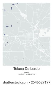 Mapa de pôster vetorial editável de Toluca De Lerdo, México, mostrando detalhados layouts de rua, principais estradas, bairros e pontos de referência em cores cinza, azul, verde, branco.