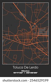 Mapa de pôster vetorial editável de Toluca De Lerdo, México, mostrando detalhados layouts de rua, principais estradas, bairros e pontos de referência em cores cinza, preto, laranja.