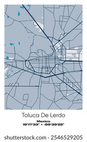 Mapa editável de pôster vetorial de Toluca De Lerdo, México, mostrando detalhados layouts de rua, principais estradas, bairros e pontos de referência em azul, cinza, amarelo, azeitona.