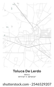 Mapa de pôster vetorial editável de Toluca De Lerdo, México, mostrando detalhados layouts de rua, principais estradas, bairros e pontos de referência em cores Pastel, Cinza, Branco, Verde.