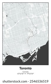 Editable vector poster map of Toronto, Canada, showcasing detailed street layouts, main roads, neighborhoods, and landmarks in Gray, Black, White, BW colors.