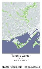 Editable vector poster map of Toronto2, Canada, showcasing detailed street layouts, main roads, neighborhoods, and landmarks in Gray, Blue, Green, White colors.