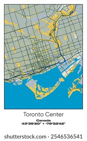 Editable vector poster map of Toronto2, Canada, showcasing detailed street layouts, main roads, neighborhoods, and landmarks in Blue, Gray, Yellow, Olive colors.