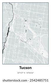Editable vector poster map of Tucson,Arizona, showcasing detailed street layouts, main roads, neighborhoods, and landmarks in Gray, Black, White colors.